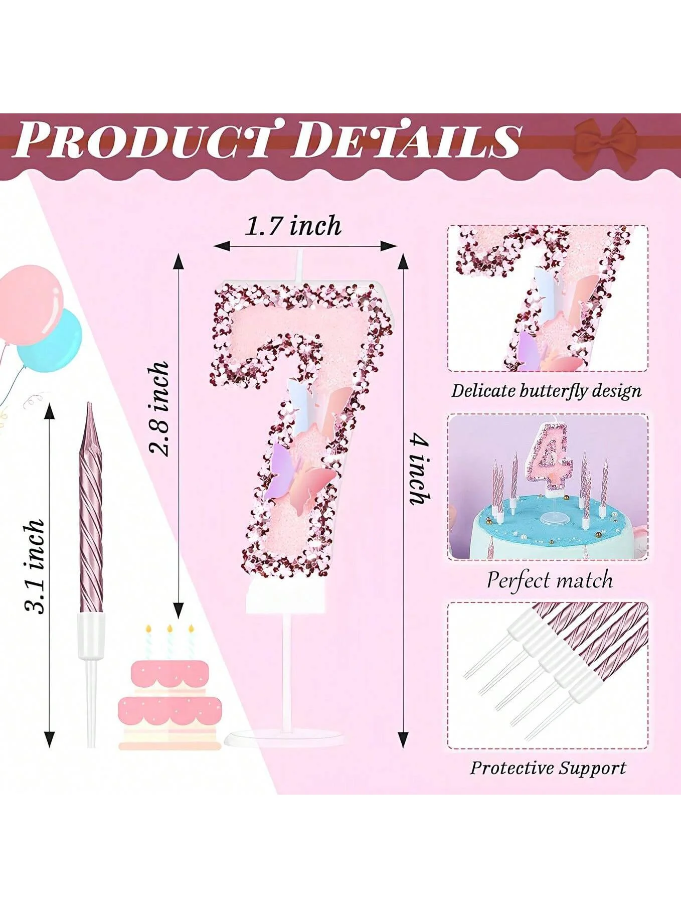 8 X 5 cm Candele di Compleanno Numero, Candele Numeri Torta Rosa Glitterato Cake Topper Candele di Compleanno a Farfalla con Paillettes per Forniture per Feste di Anniversario (Numero 3