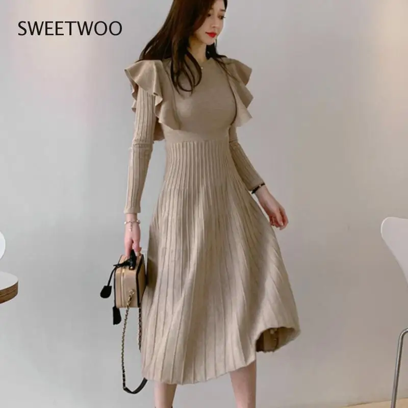 

Vintage Elegant O-Neck Female Thicken Knit Long Dress Slim Full Sleeve Ruffles Women Sweater Dresses Vestidos Autumn 2022 Winter