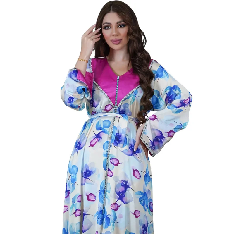 2023 Summer Autumn Muslim Elegant Women Long Sleeve V-neck Polyester Printing Long Abaya Muslim Fashion Dresses Abaya Dress