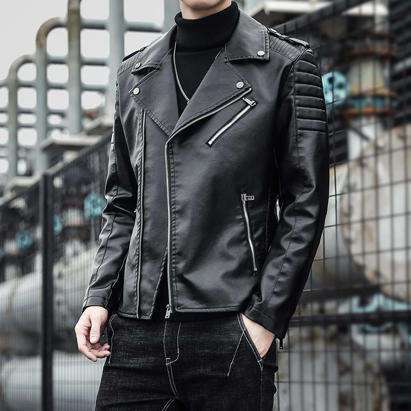 Fashion Leather Jacket Men's Autumn New Version Motorcycle Suit Male Zippers Rivet Decoration Leather Jacket Outerwear Trend