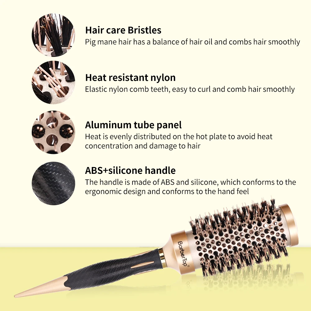 Description Picture 6 of itemNew Handle Round Rolling Brush Straight Twill Hair Comb Boar Bristle Round Barrel Hair Curling Brush Hairdressing Styling Tool