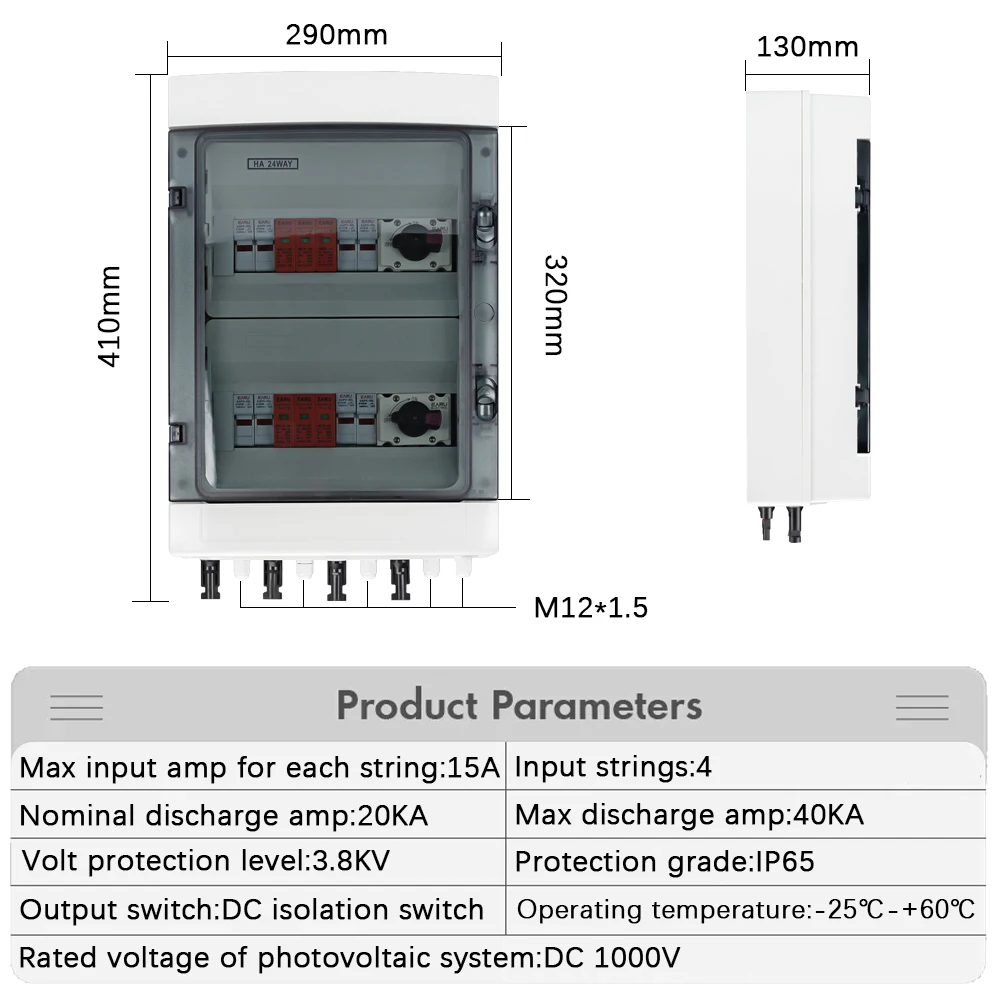 Aeru EASP-PV-1000 Solar PV Combiner Box with Lightning Protection 4 Input 2 Output 15A DC 1000V MCB SPD Fuse IP65 Waterproof Box 18 Way - Image 2