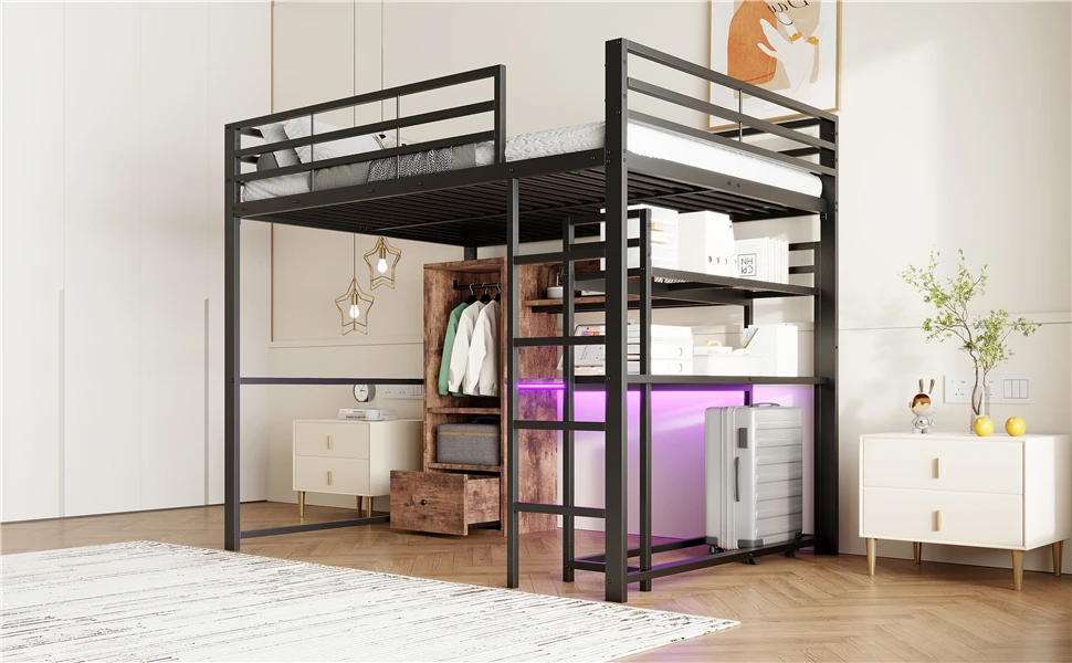 Hochbett, 140x200cm, Metallbett, mit LED-Beleuchtung, Schreibtisch, 1 Schublade, Regale, Geländer, Treppe, ohne Matratze, schwarz – Detail 20
