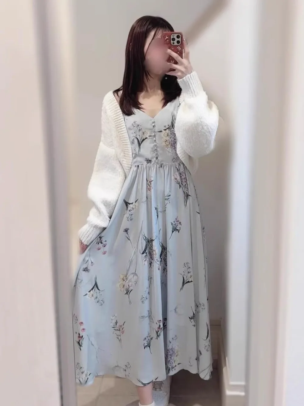 Kuzuwata New Temperament Moda V Neck Robe Print Sling Slim Waist Ruched  Vestido Japan Big Swing Minority Mid-length Casual Dress