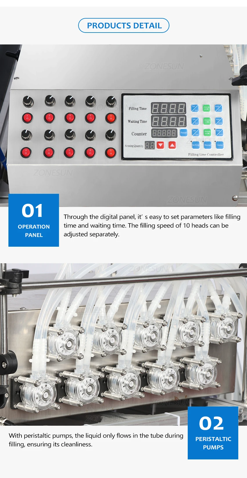 ZONESUN ZS-DTPP10D 10 Diving Nozzles Peristaltic Pump Liquid Filling Machine