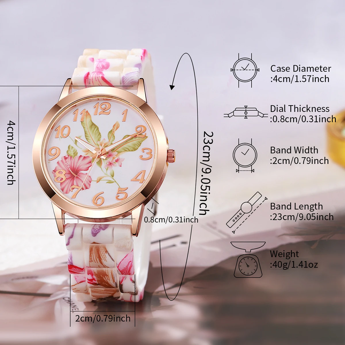 5PCs/Set Women's Silicone Printed Watch Fashion Casual Personalized With Floral Dial Classic Trendy Quartz Watch Combination Set 6