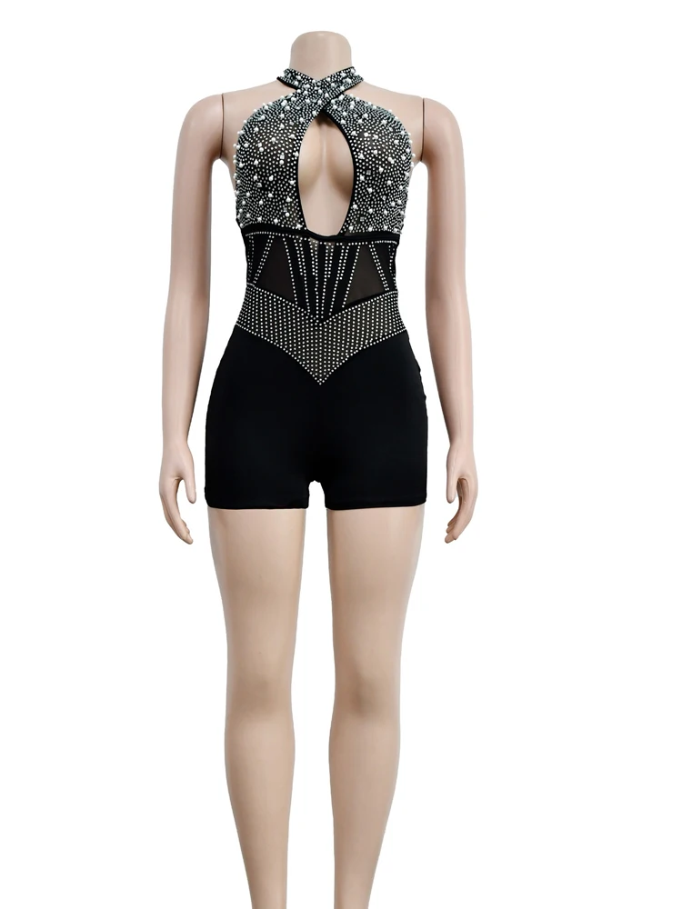 Sexy Hollow Out Sleeveless Jumpsuit Short Fashion Hot Diamond Color Matching Tight Fitting Clothes Elegant Black Female Jumpsuit