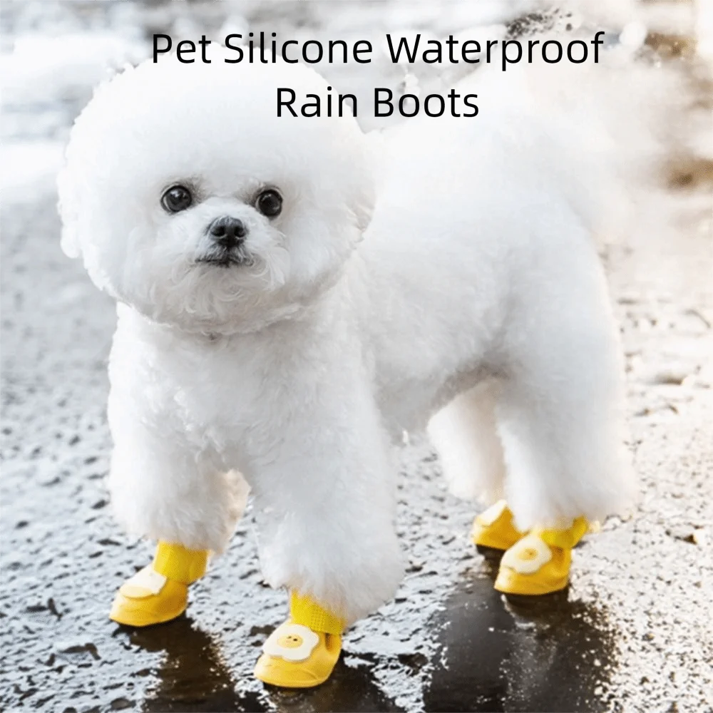 4Pcs/Set Silicone Pet Rain Boot Anti Slip Sole Wear Resistance Pet Paw Protector Waterproof Cartoon Outdoor Dog Footwear Outdoor