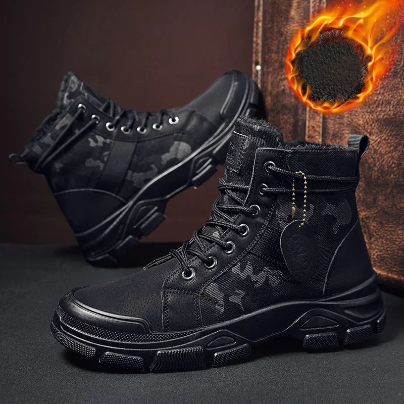 

Fujeak Man Warm Plush Leather Boots Men Outdoor Non-Slip Fur Sport Shoes Snow Boots For Men Winter Shoes High Top Military Boots