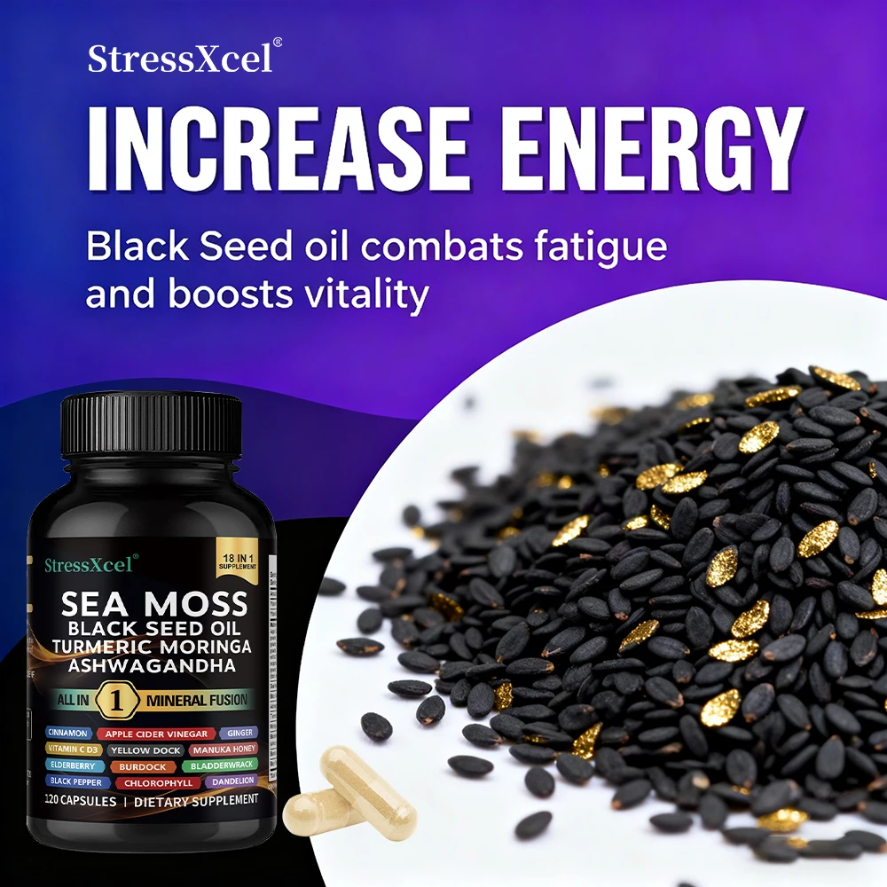 Sea Moss Black Seed Oil Ashwagandha Ginger Capsule Supplement with Turmeric Vitamin C Vitamin D3 Enhanced Immunity & Energy