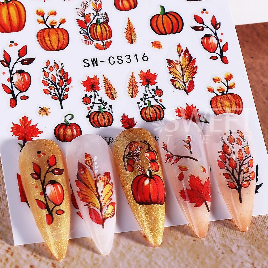 3pcs Autumn Pumpkin Nail Stickers 3D Maple Leaf Pine Fruit Flower Self-Adhesive Nail Decals DIY Thanksgiving Manicure Decoration