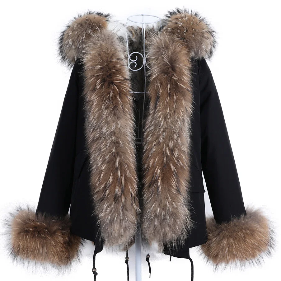 Maomaokong Women Winter Coats Fur Coat Natural Real Rabbit Fur Lined Jacket Fox Raccoon Fur Collar Short Parka Female Clothing