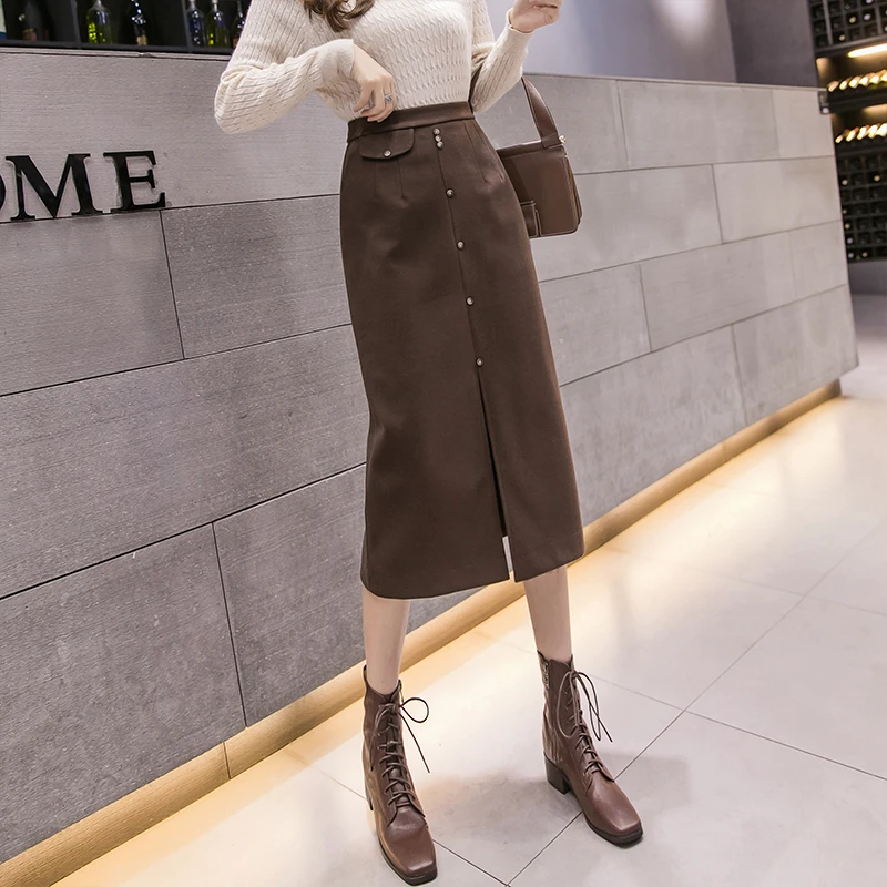 

Midi Straight Skirt Elegant Women High Waist Skirts Autumn Vintage Slim Fit Office Lady Skirt Buttons Split Bodycon Daily O103