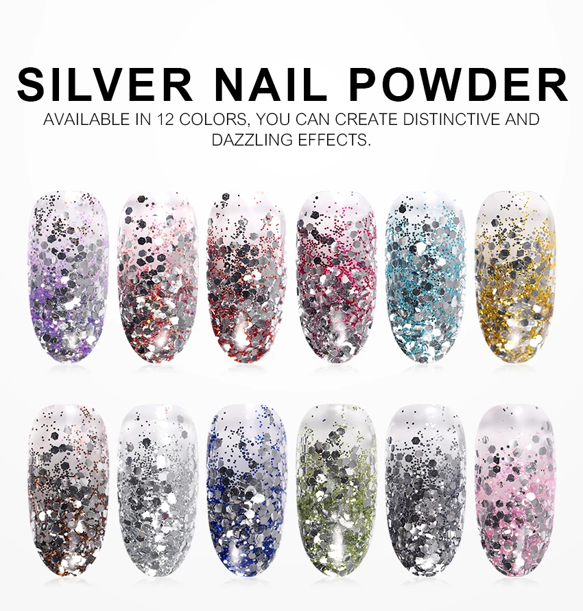 1pcs 12 Colors Silver Nail Glitter Flakes Powder
