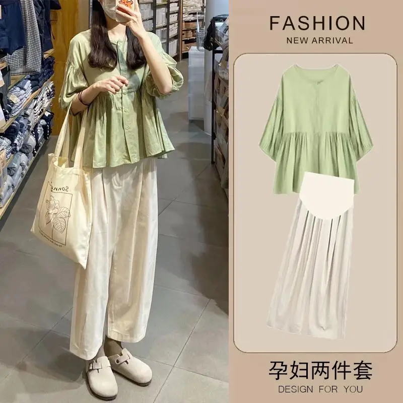 Korean Style Maternity Clothes Set Loose Casual Half Sleeve Shirts+Cotton Linen Belly Pants Twinset Pregnant Woman Trousers Sets