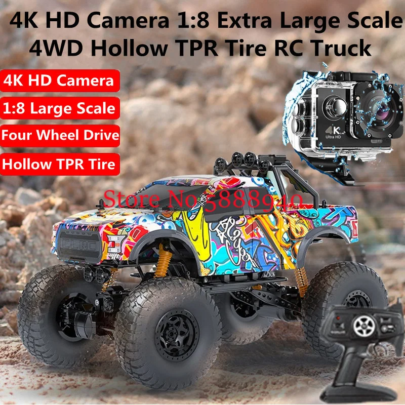 1:8 대형 4K HD 카메라 4륜구동 무선 조종 오프로드 트럭 46CM 충격 흡수 LED 조명 전 지형 오프로드 RC 트럭 장난감