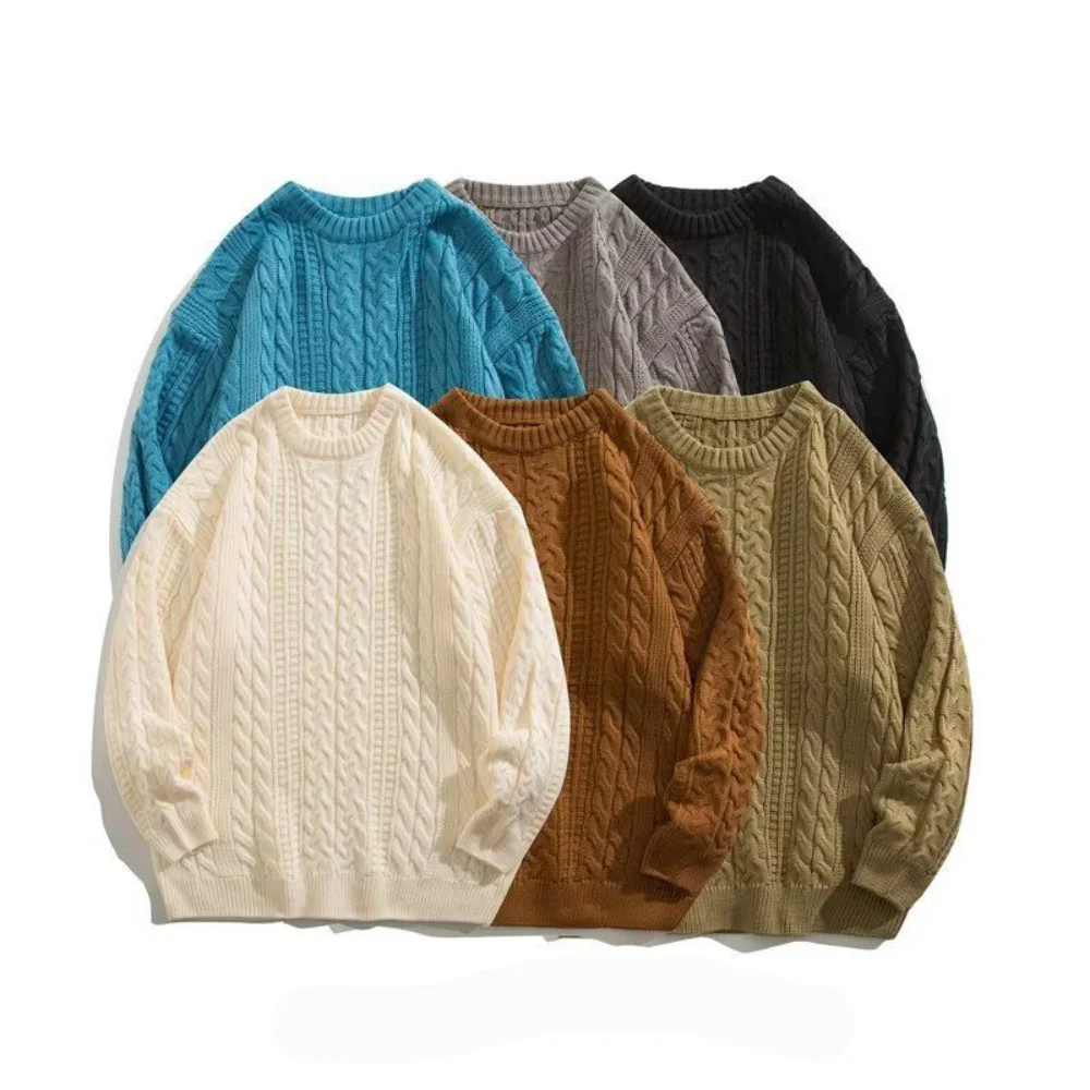 

Covrlge Autumn Winter New Fried Dough Twist Sweater Men's Fashion Brand Loose Lazy Round Neck Trend Solid Color Pullover MZM259