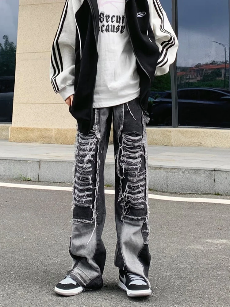

New Sideline Tie- Dye Jeans Y2K Streetwear Baggy Flare Stacked Jeans Pants Men Clothing Hip Hop Wide Leg Ripped Denim Trousers