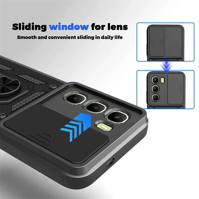 Slide Lens Protect Armor Phone Case with Ring Magnetic Stand Holder and s