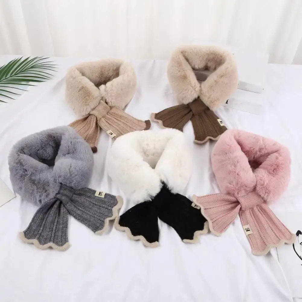 

Women Cross Scarf Fall Winter Faux Rabbit Fur Knit Fish Tale Splicing Soft Thickened Warm Windproof Cold Weather Girls Neck Wrap