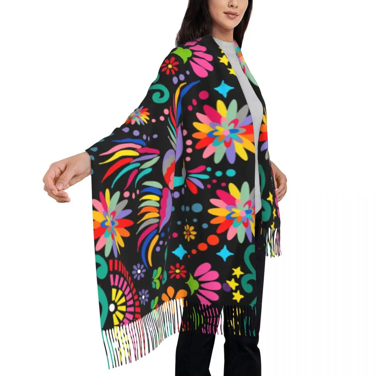 Personalized Print Mexican Floral Flower Textile Scarf Men Women Winter Warm Scarves Colorful Embroidery Shawls Wraps