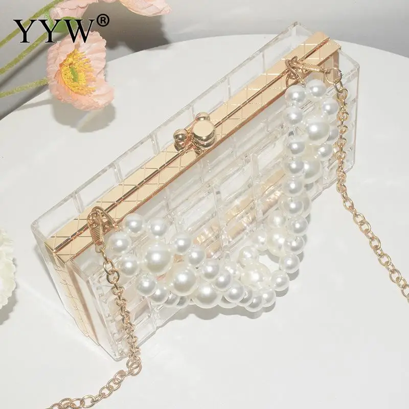 Fashion Acrylic Clutch Bag Evening Bag For Elegant Women Pearl Beads Decor Lock Chain Shoulder Bag Purses Transparent Clutch Bag