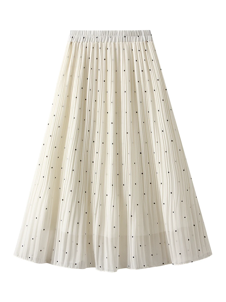 

Women s Dot Print Midi Skirts Elastic High Waist Double Layer Chiffon Pleated Skirts Summer Casual A-line Skirts Light Blue