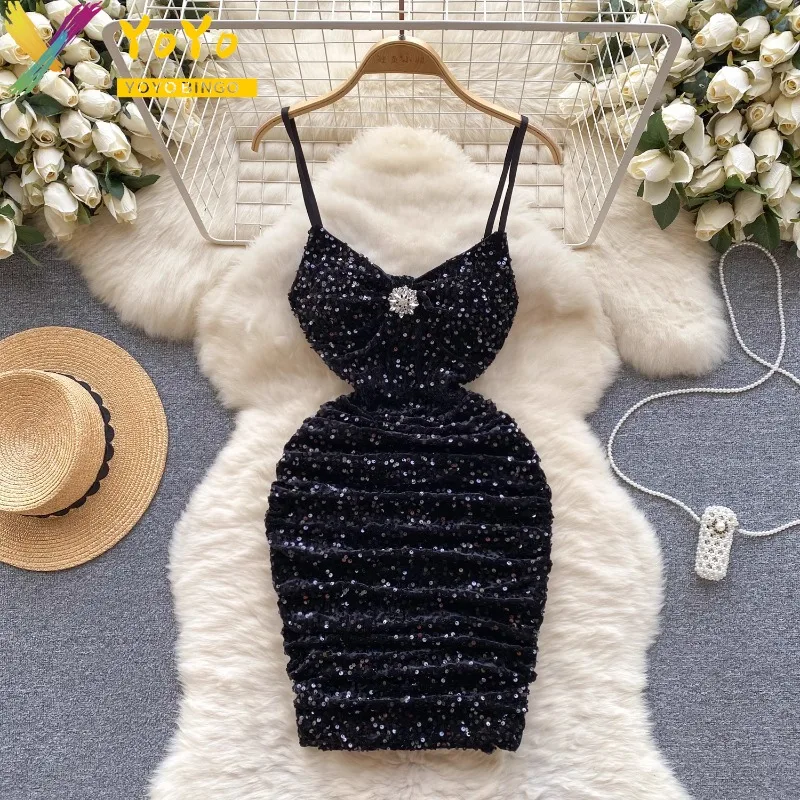 

Модное сексуальное бархатное платье со стразами и блестками на бретелях-спагетти, роскошное яркое облегающее платье для ночного клуба