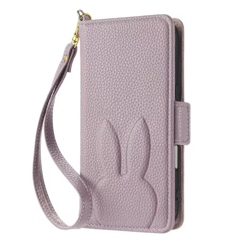 Charming 3D Rabbit & Floral Leather Phone Wallet Case with Card Slot Flip Cover