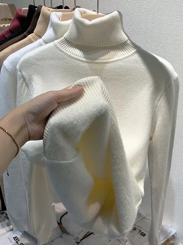 여성용 터틀넥 스웨터, 두꺼운 벨벳 안감, 따뜻한 니트 풀오버, 슬림 탑 저지, 니트 점퍼, 우아한 겨울 신상 3