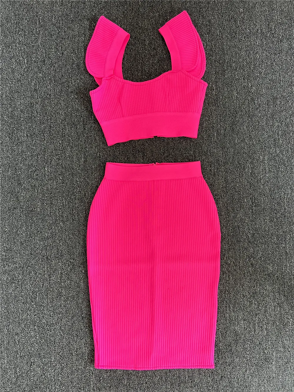 Women Summer Fashion Two Piece Set Elastic Knitted Rib