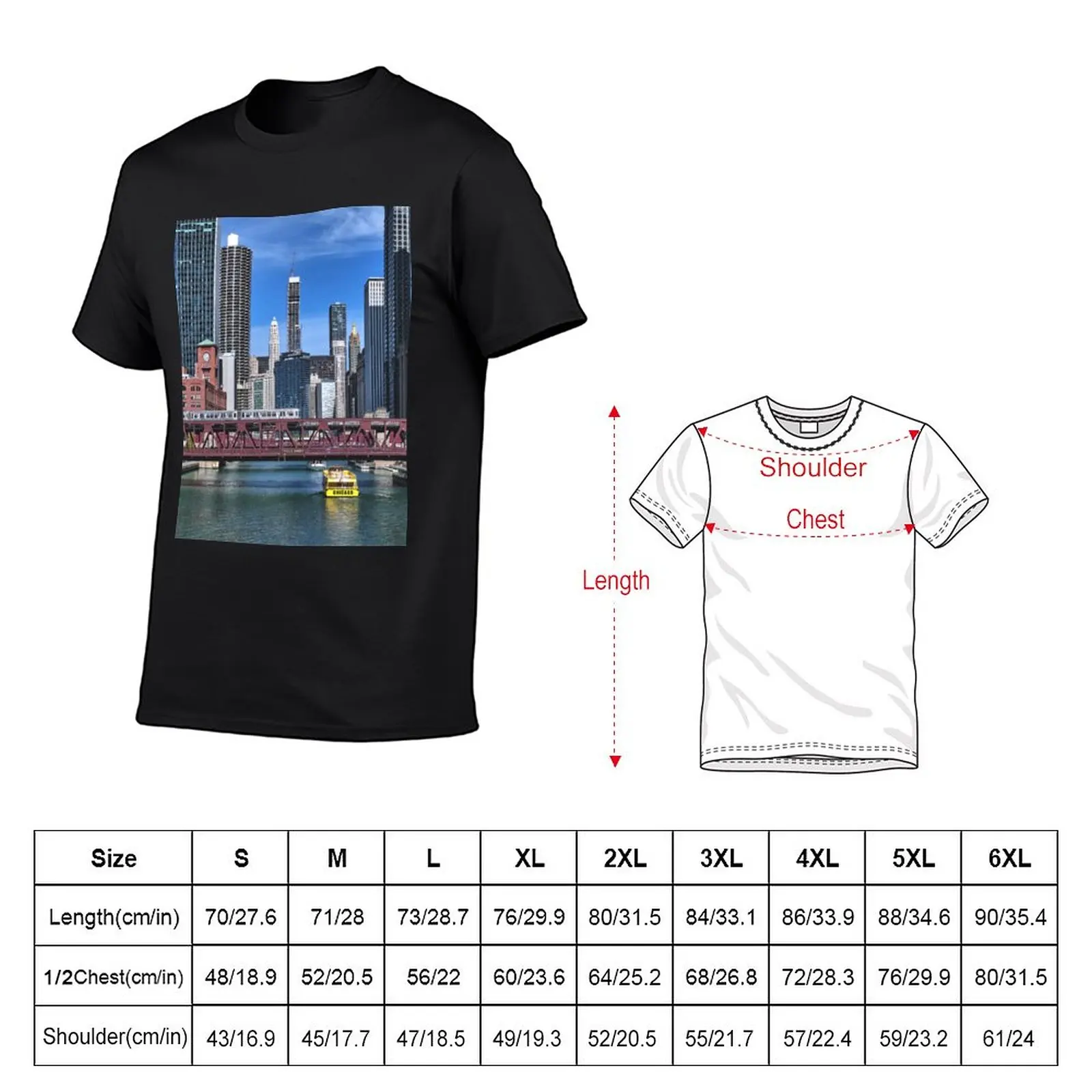 Chicago, Illinois, US - Chicago Skyline & Chicago River T-Shirt funny t shirts Short t-shirt T-shirts for men cotton