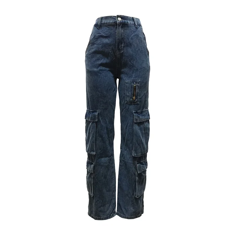 Women Straight Jeans Patchwork Organ Pocket Elasticated Waist Denim Pants Female New Casual Workwear Style Multi-pocket Trousers