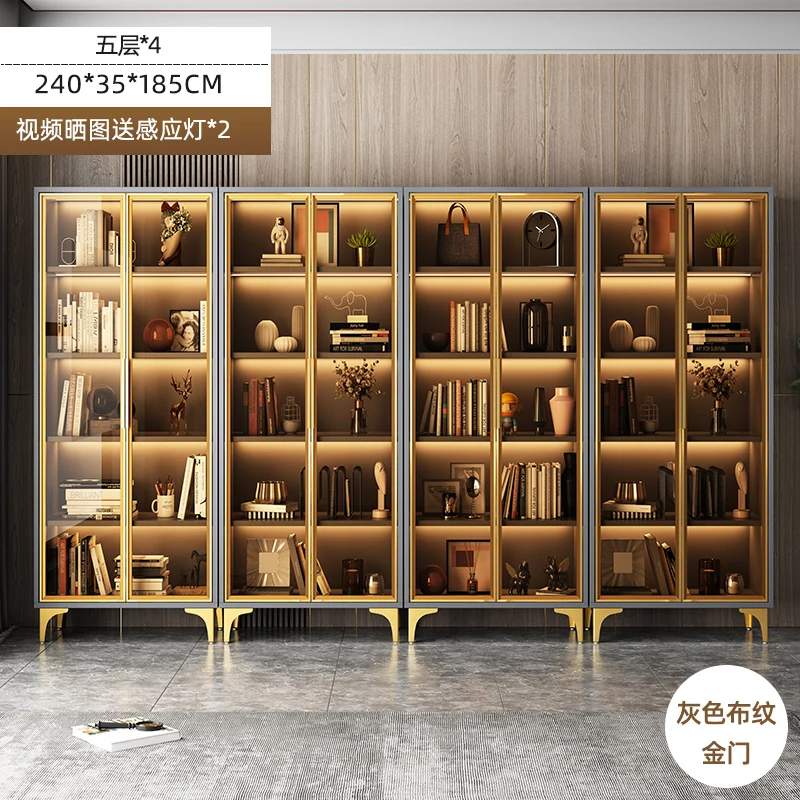 Luxury glass door bookcase floor-to-wall solid wood combination display cabinet living room study storage locker bookcase