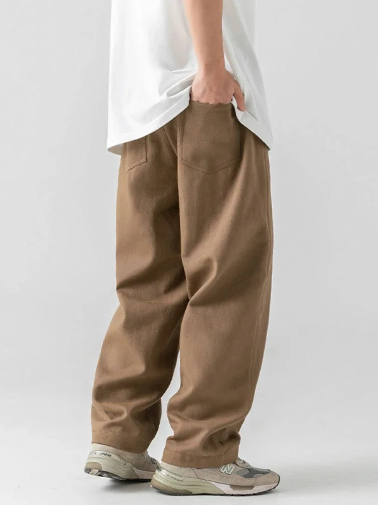 New Cargo Pants Men 100% Cotton Loose Japanese Streetwear Fashion Wide Leg Pants Solid Color Basic Straight Leg Casual Pants