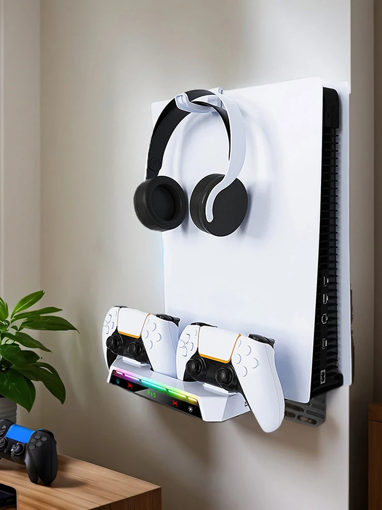 Floating Wall Mount with Dual Controller Charger and RGB Light for Playstation