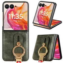Elegant Leather Wristband Stand Case with Ring Opener - Premium Cover Coque s Capa for Moto Razr 70 Plus (Green)
