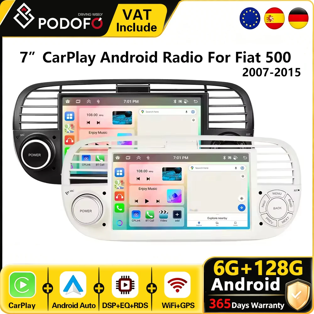 Radio para coche Podofo de 7 pulgadas con CarPlay Android para Fiat 500 2007-2015, sistema inteligente para coche, receptor estéreo GPS 2din, FM RDS, autorradio, unidad principal para salpicadero, navegación, reproductor multimedia para coche 1