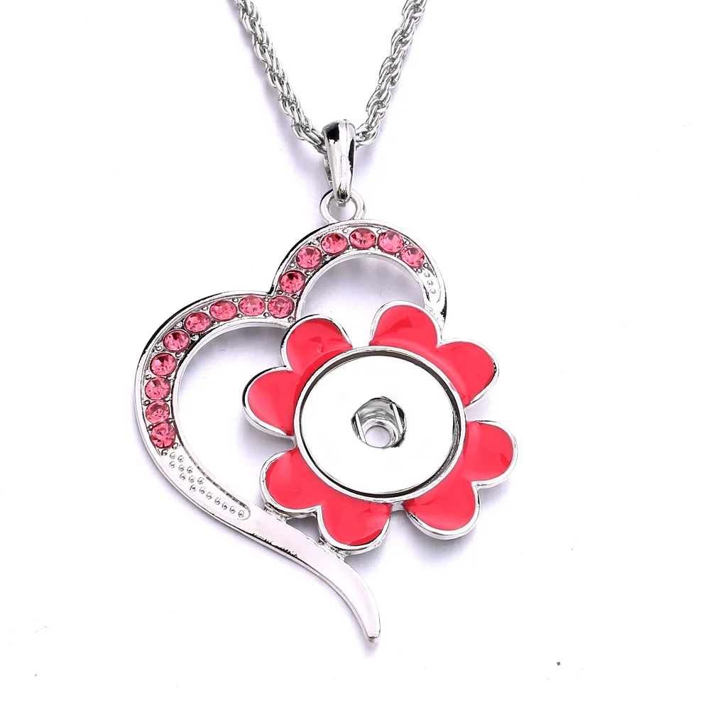 10pcs Metal Heart Crystal Flower Snap Button Necklace Fit 18MM Snap Buttons Jewelry Pendant Necklaces