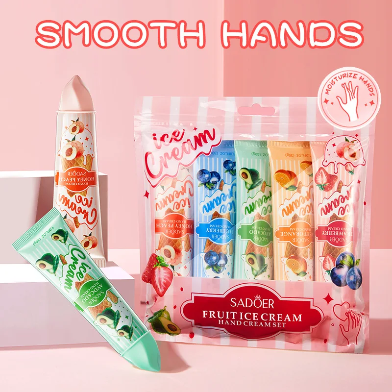 5pcs SADOER Fruit Pattern Hand Cream Sets Moisturizing Nourishing Whitening Hydrating Anti-aging Hands Skin Care Products