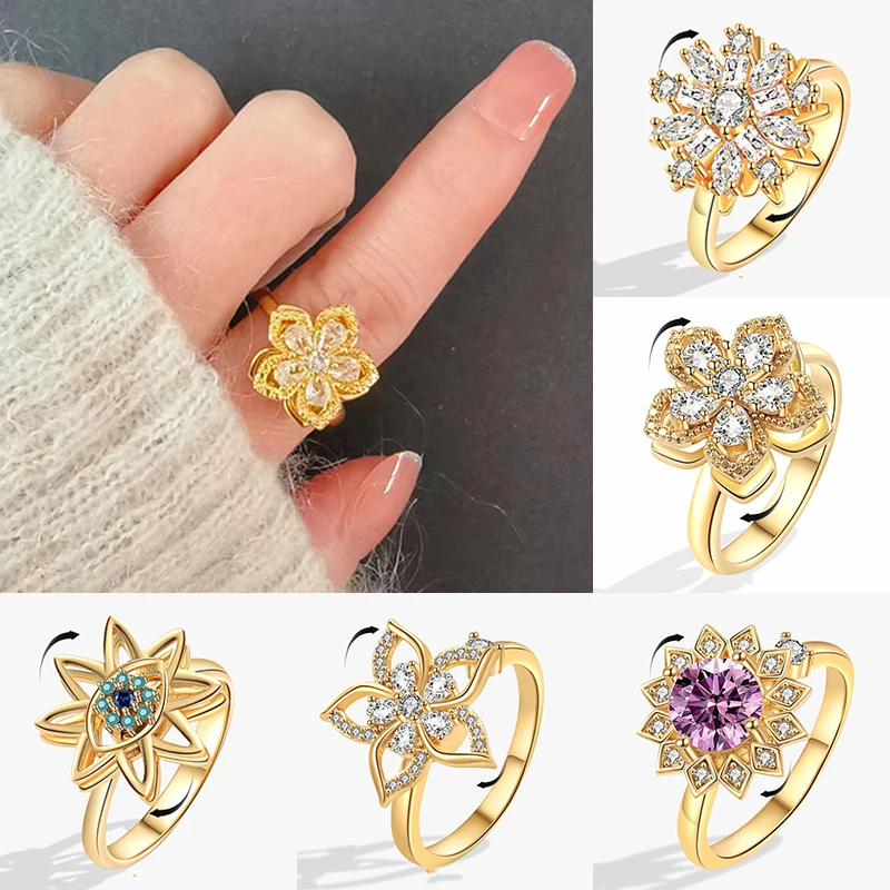 Sunflower Crystal Anti Stress Anxiety Ring Fidget Spinner Rings Adjustable for Women Metal Sakura Rotating Rings crystal rings fidget rings metal rings fashion rings finger rings fashion ring