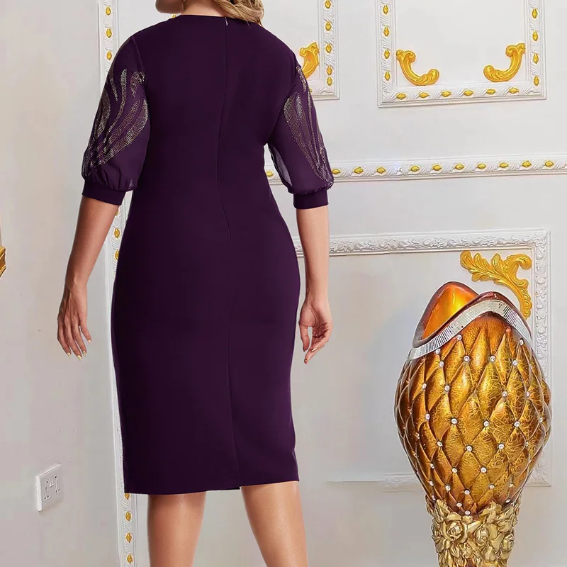 Spring Summer Sweet Round Neck Hot Stamping Offset Printing Pencil Skirt Elegant Plus Size Zipper Half Sleeve Women's Midi Dress