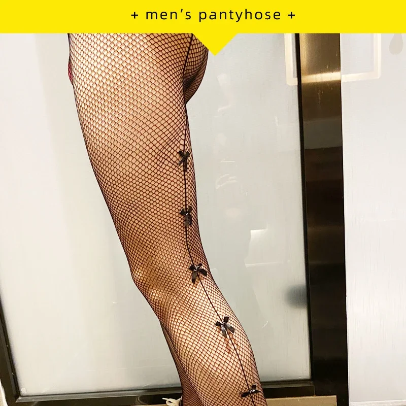 Sexy Man Tights Gay Exotic Male Underwear New Fashion Sissy Lingerie Line Bowknot Black Fishnet Pantyhose