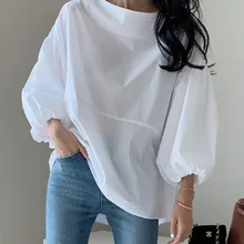 

Plain Patchwork Three-Quarter Sleeve Women's Blouse Casual Simple Style Blouse Round Neck Lantern Sleeve Fashion Female Top