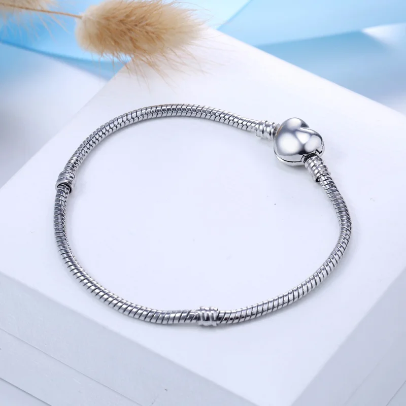 Handmade Original 925 Solid Silver Heart Shape Charm Bracelet Snake Pandor  DIY Bead Bracelets Gift for Women