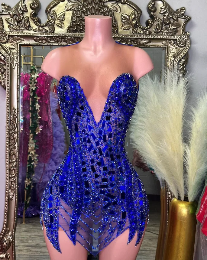 Royal Blue Sparkly Mini Evening Cocktail Dresses For Black Girl customsize Sheer Mesh Diamond Mirror Birthday Gala Gown vestidos