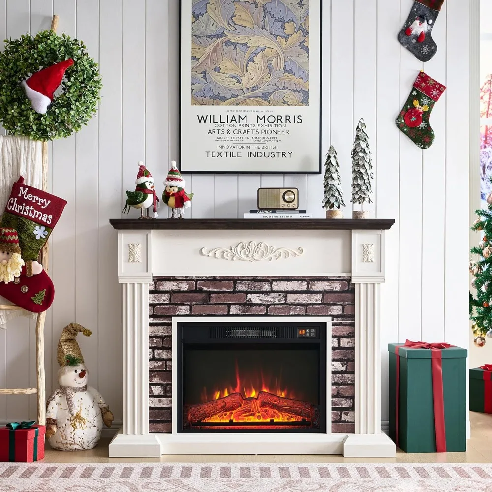 43" Electric Fireplace with Mantel, Electric Fireplace Heater, TV Stand w/Freestanding Electric Fireplace,Stacked Stone Surround 2