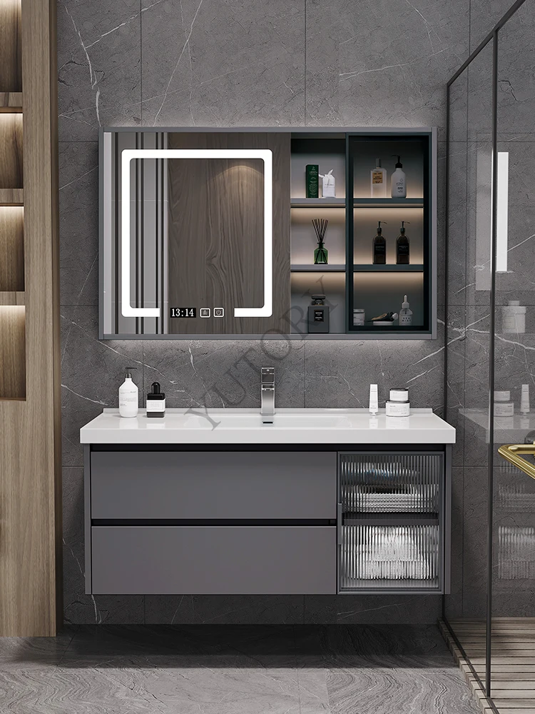 Light luxury solid wood smart bathroom cabinet combination bathroom washbasin ceramic integrated basin