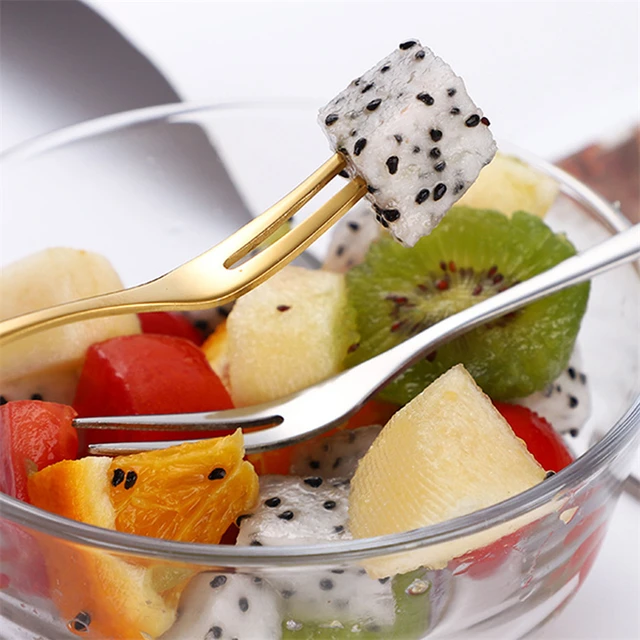 4 Csomag Gyümölcsvilla Szett Mini Aranyos Rozsdamentes Acél Desszert Villák Ezüst Arany Rózsa Torta Sikerárcsökkentő Villa Otthon - Image 3