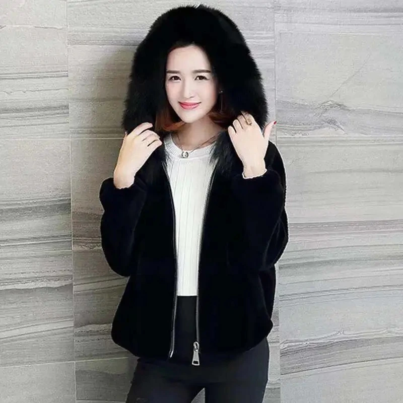 2023 new winter faux leather jacket hooded coat thick women\'s warm short coat imitation sheep cut cashmere coat